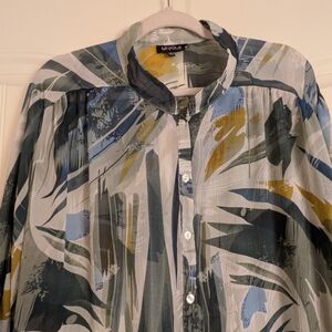 UNIQUE sheer Abstract Print Button-Up Blouse Sz:3x Retro Tunic